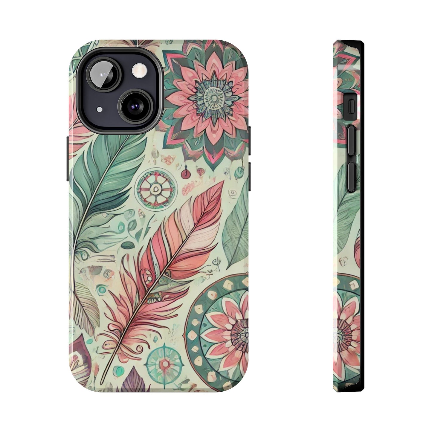 Boho Feather iPhone Case 🌿 | Mandala Pastel Design, Shockproof Protection for iPhone 16 to 12 Pro Max 📱