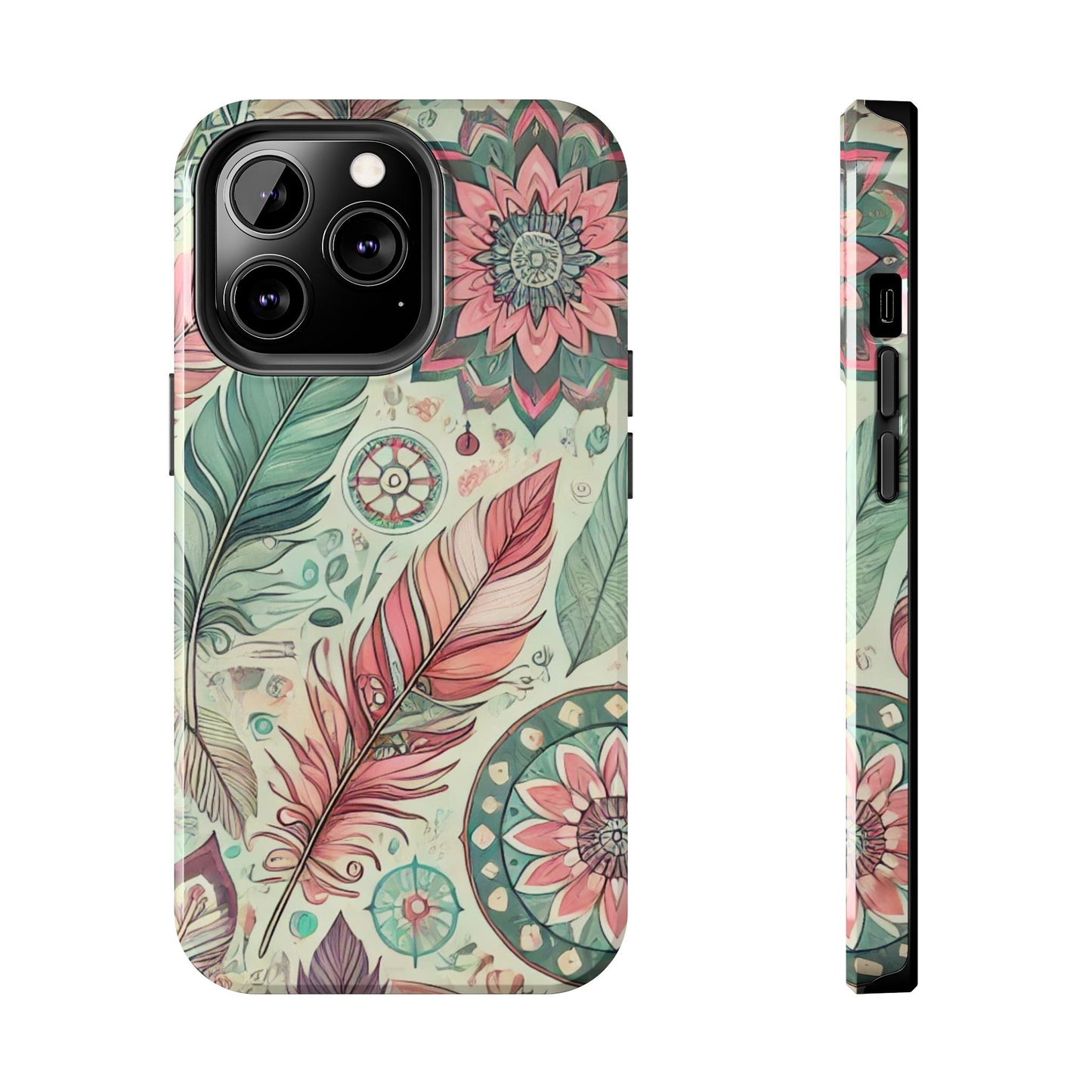 Boho Feather iPhone Case 🌿 | Mandala Pastel Design, Shockproof Protection for iPhone 16 to 12 Pro Max 📱