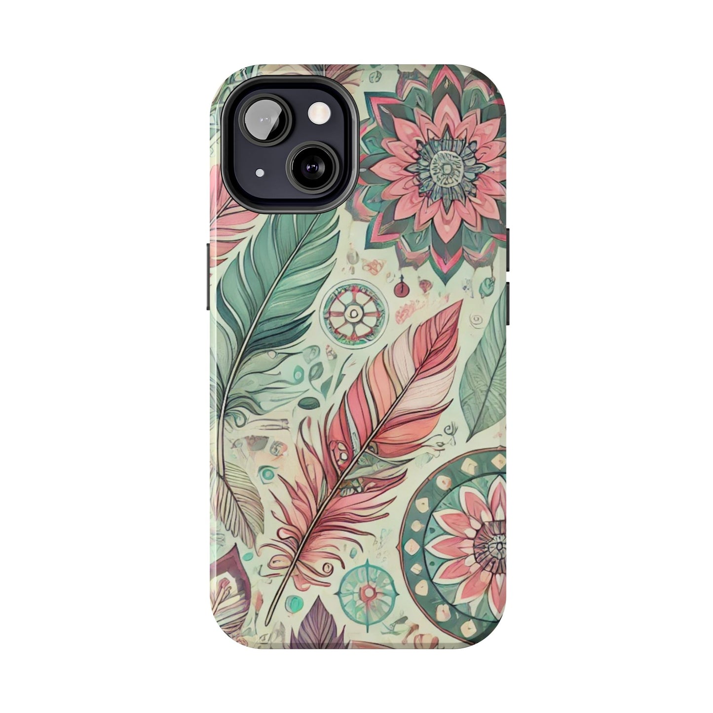 Boho Feather iPhone Case 🌿 | Mandala Pastel Design, Shockproof Protection for iPhone 16 to 12 Pro Max 📱