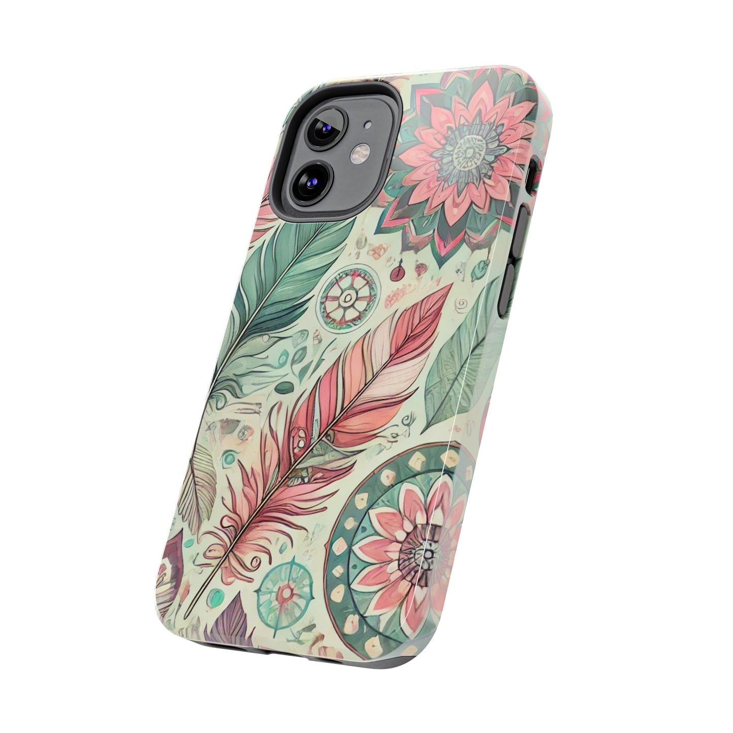 Boho Feather iPhone Case 🌿 | Mandala Pastel Design, Shockproof Protection for iPhone 16 to 12 Pro Max 📱