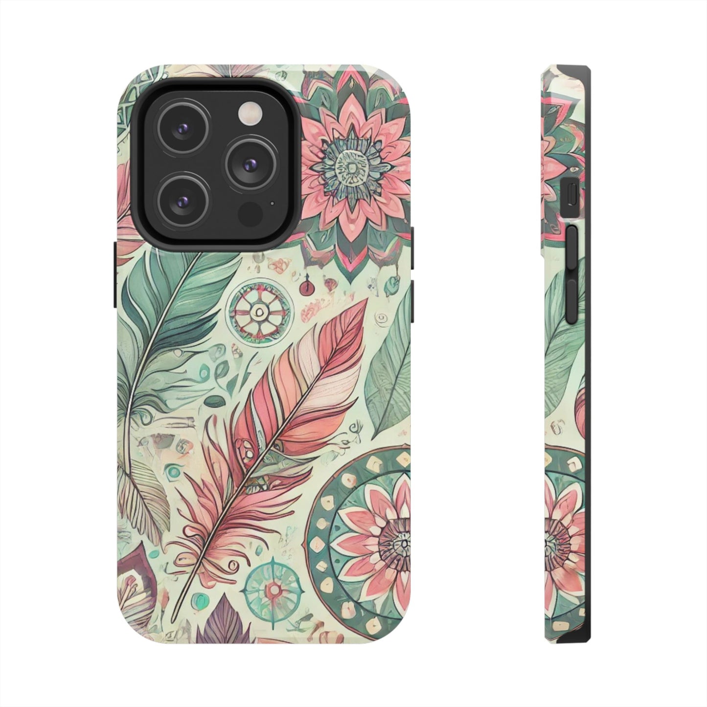 Boho Feather iPhone Case 🌿 | Mandala Pastel Design, Shockproof Protection for iPhone 16 to 12 Pro Max 📱