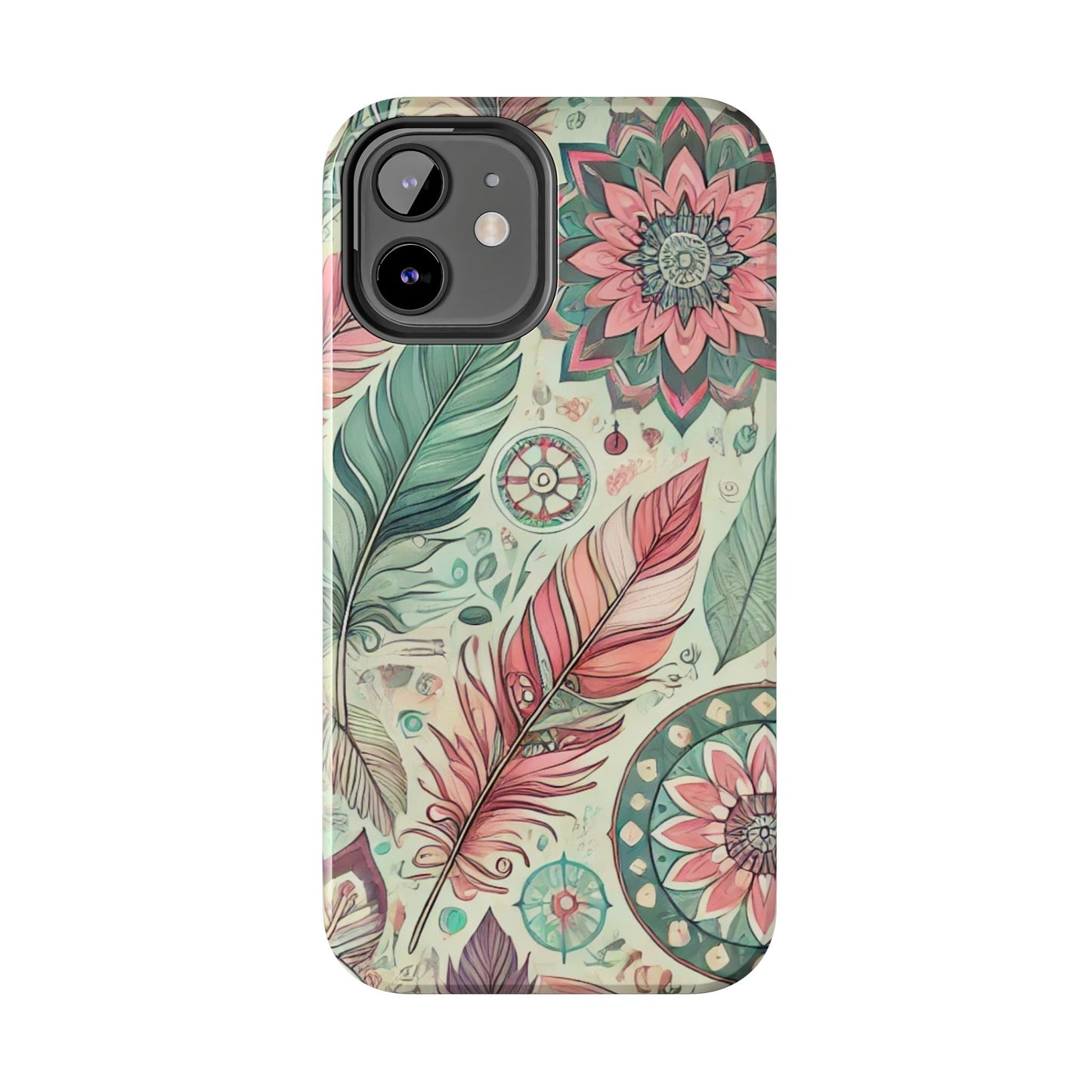 Boho Feather iPhone Case 🌿 | Mandala Pastel Design, Shockproof Protection for iPhone 16 to 12 Pro Max 📱