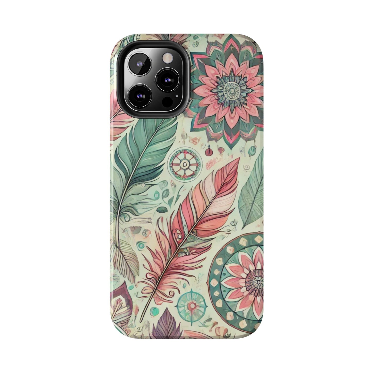 Boho Feather iPhone Case 🌿 | Mandala Pastel Design, Shockproof Protection for iPhone 16 to 12 Pro Max 📱