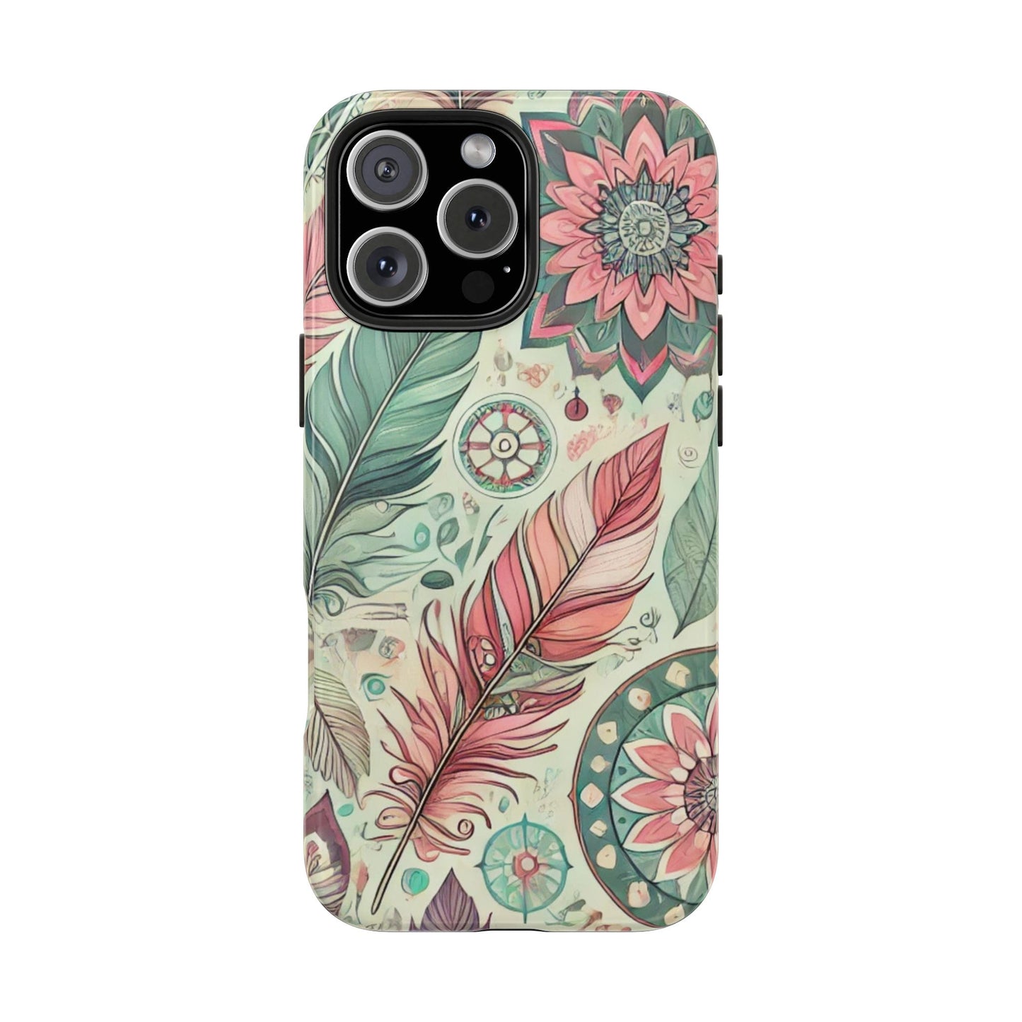 Boho Feather iPhone Case 🌿 | Mandala Pastel Design, Shockproof Protection for iPhone 16 to 12 Pro Max 📱