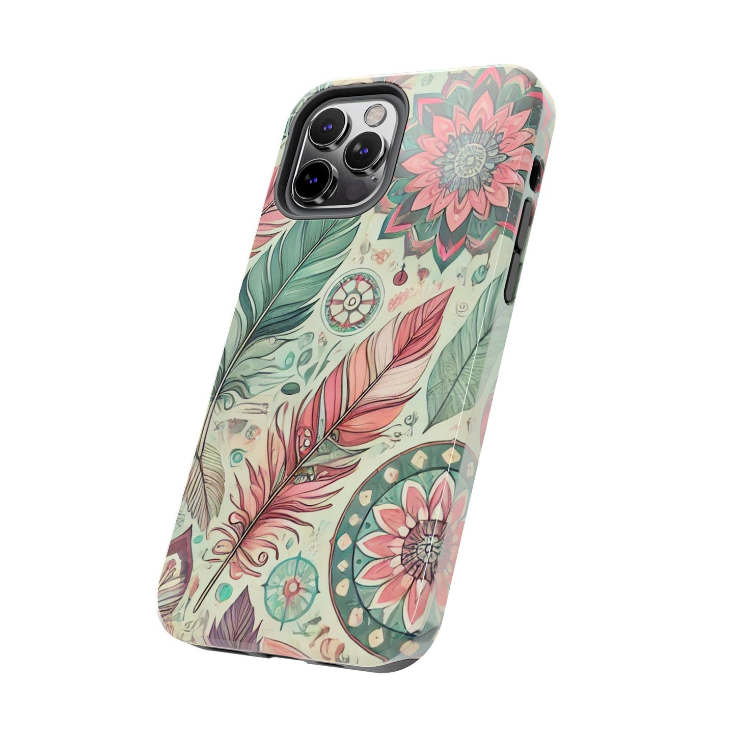 Boho Feather iPhone Case 🌿 | Mandala Pastel Design, Shockproof Protection for iPhone 16 to 12 Pro Max 📱