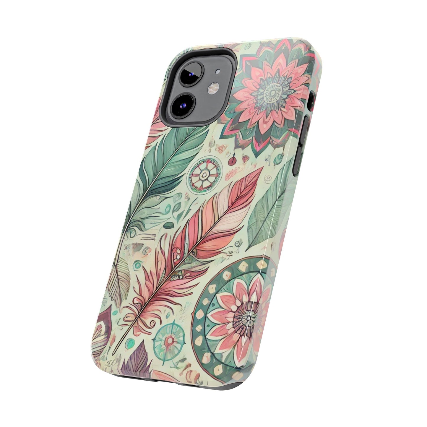 Boho Feather iPhone Case 🌿 | Mandala Pastel Design, Shockproof Protection for iPhone 16 to 12 Pro Max 📱