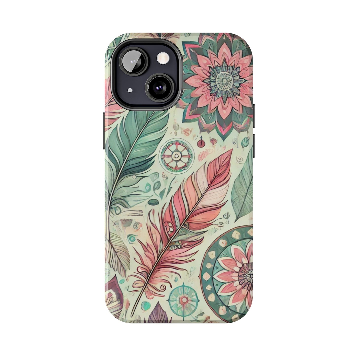 Boho Feather iPhone Case 🌿 | Mandala Pastel Design, Shockproof Protection for iPhone 16 to 12 Pro Max 📱