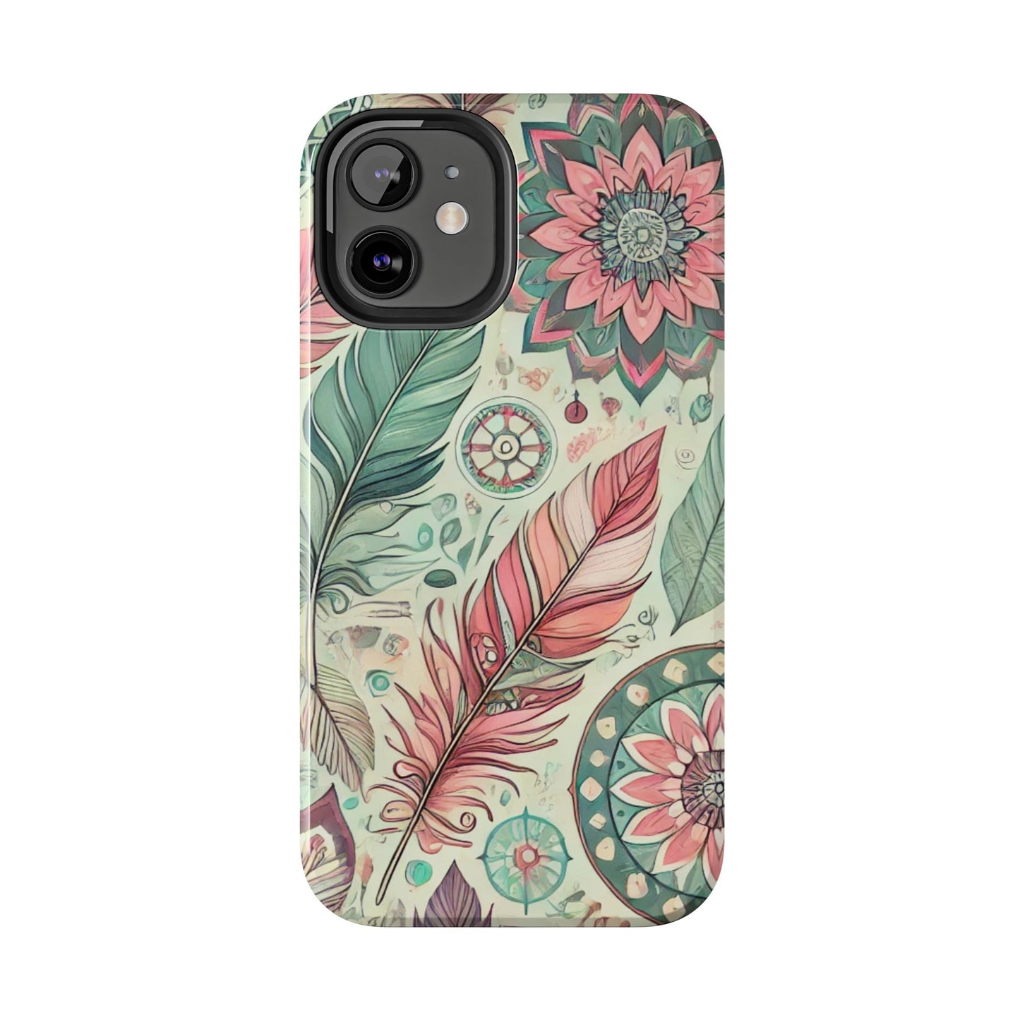 Boho Feather iPhone Case 🌿 | Mandala Pastel Design, Shockproof Protection for iPhone 16 to 12 Pro Max 📱