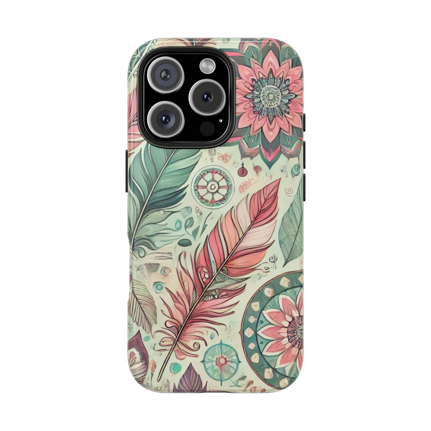 Boho Feather iPhone Case 🌿 | Mandala Pastel Design, Shockproof Protection for iPhone 16 to 12 Pro Max 📱