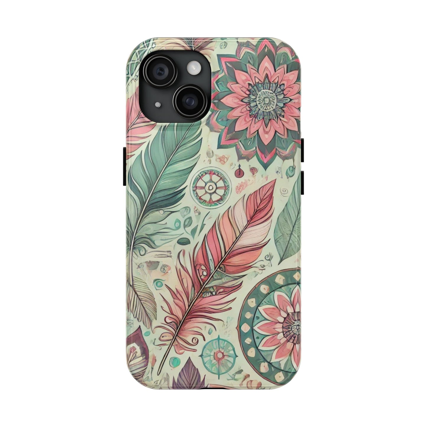 Boho Feather iPhone Case 🌿 | Mandala Pastel Design, Shockproof Protection for iPhone 16 to 12 Pro Max 📱