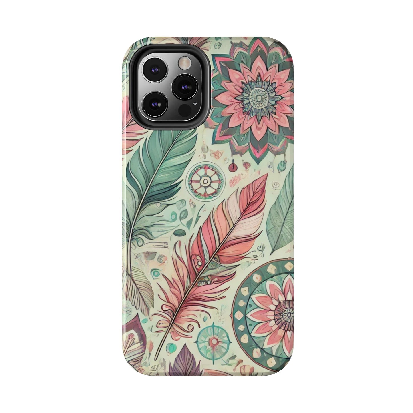 Boho Feather iPhone Case 🌿 | Mandala Pastel Design, Shockproof Protection for iPhone 16 to 12 Pro Max 📱