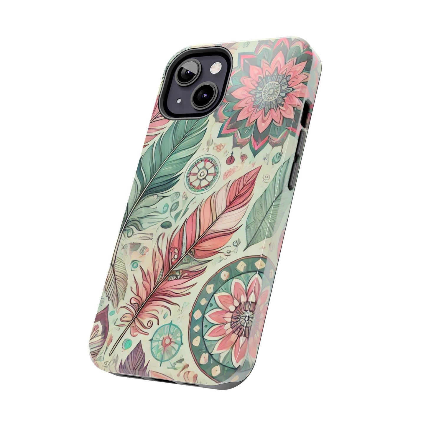 Boho Feather iPhone Case 🌿 | Mandala Pastel Design, Shockproof Protection for iPhone 16 to 12 Pro Max 📱