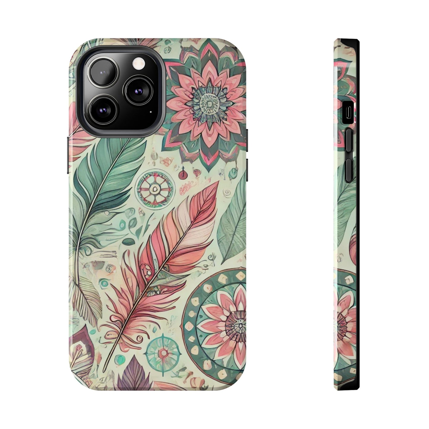 Boho Feather iPhone Case 🌿 | Mandala Pastel Design, Shockproof Protection for iPhone 16 to 12 Pro Max 📱