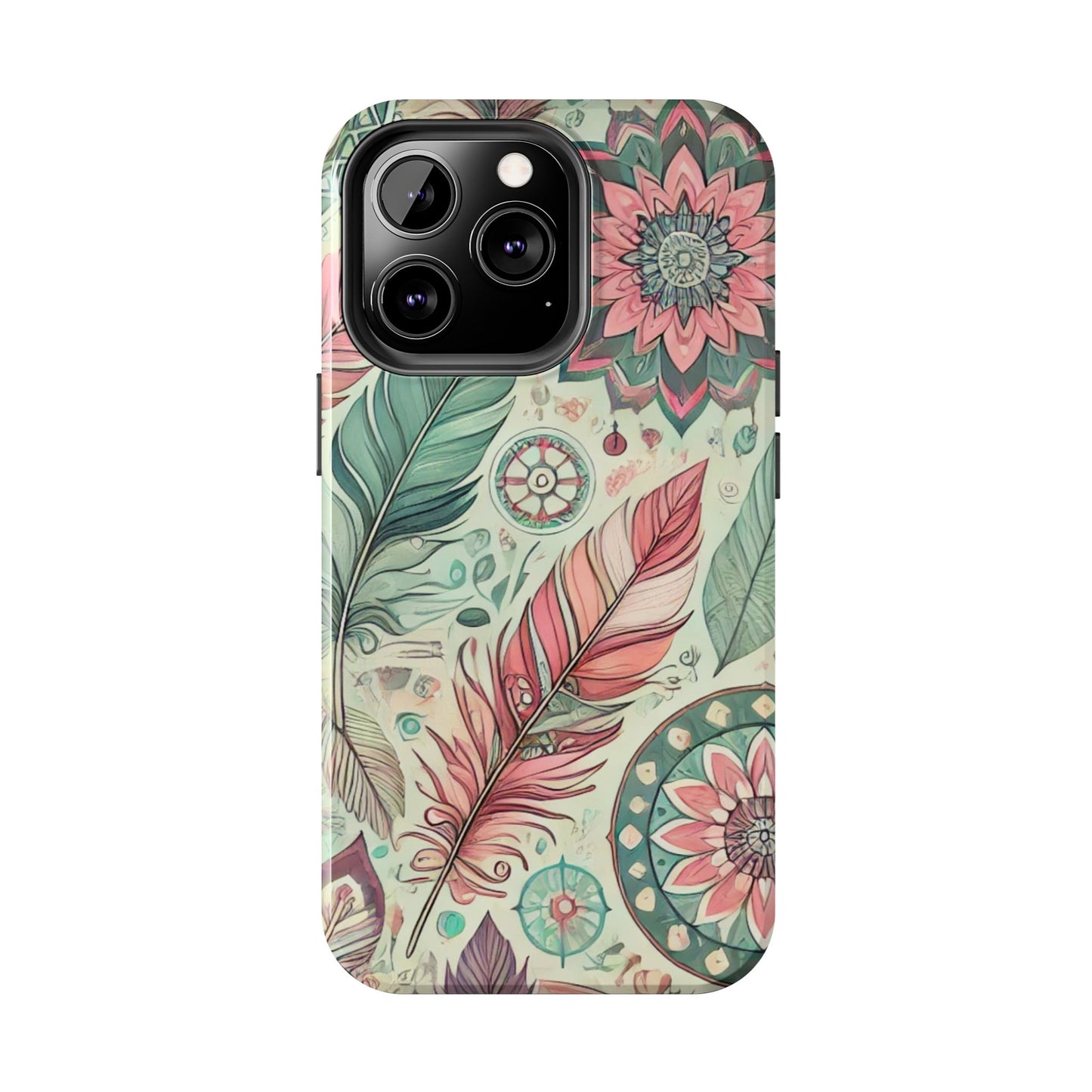 Boho Feather iPhone Case 🌿 | Mandala Pastel Design, Shockproof Protection for iPhone 16 to 12 Pro Max 📱