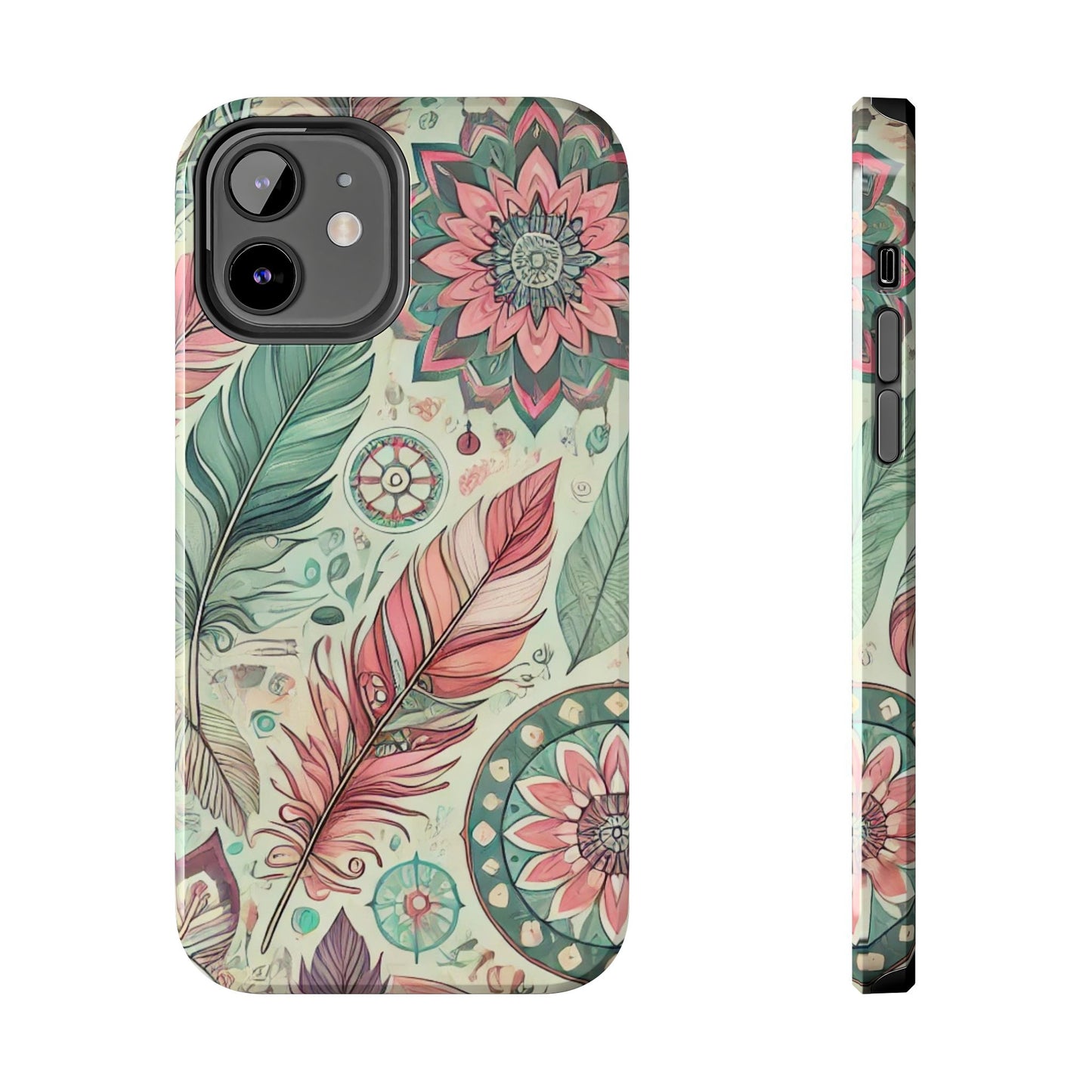 Boho Feather iPhone Case 🌿 | Mandala Pastel Design, Shockproof Protection for iPhone 16 to 12 Pro Max 📱