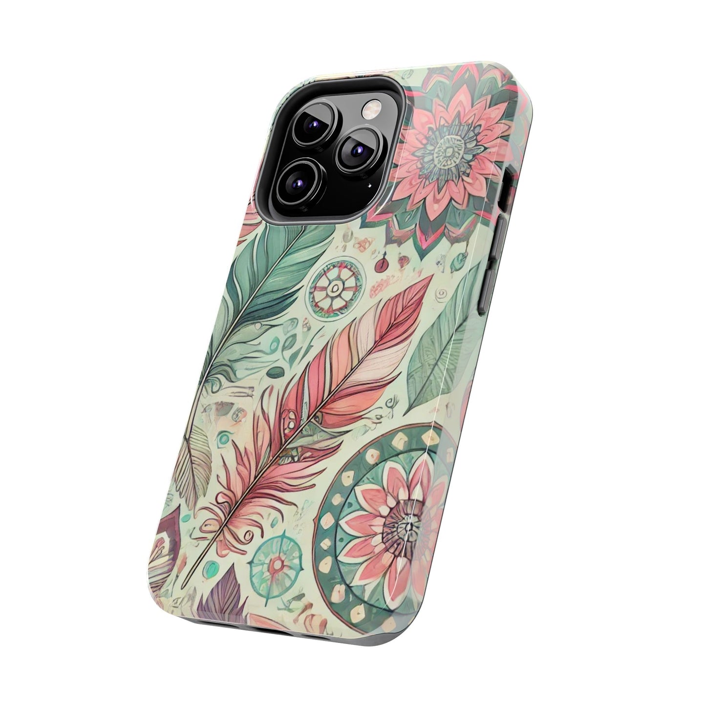 Boho Feather iPhone Case 🌿 | Mandala Pastel Design, Shockproof Protection for iPhone 16 to 12 Pro Max 📱