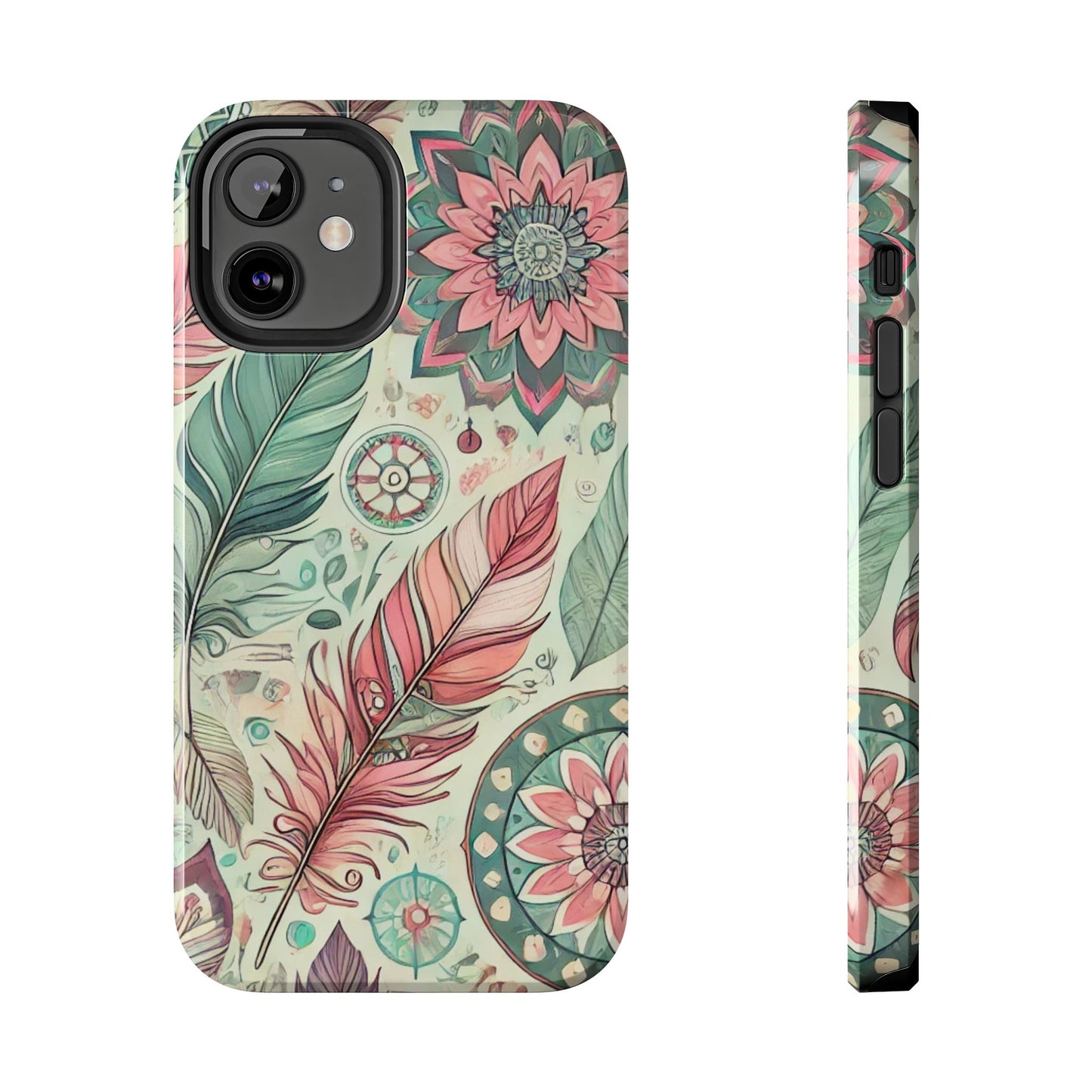 Boho Feather iPhone Case 🌿 | Mandala Pastel Design, Shockproof Protection for iPhone 16 to 12 Pro Max 📱