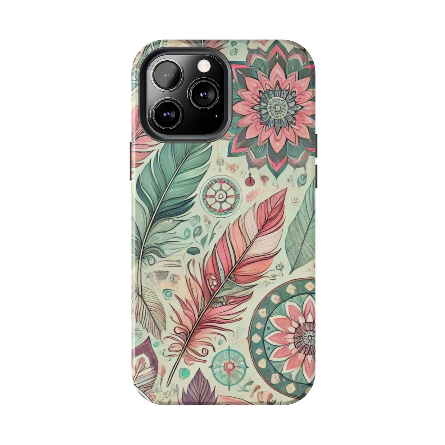 Boho Feather iPhone Case 🌿 | Mandala Pastel Design, Shockproof Protection for iPhone 16 to 12 Pro Max 📱