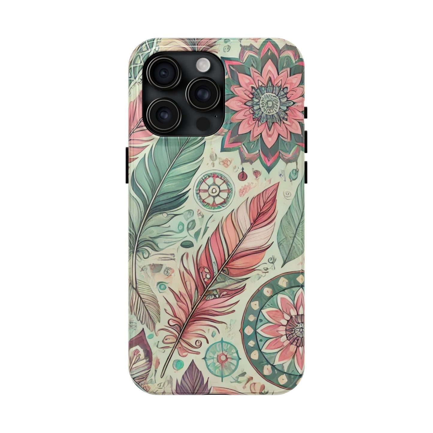 Boho Feather iPhone Case 🌿 | Mandala Pastel Design, Shockproof Protection for iPhone 16 to 12 Pro Max 📱