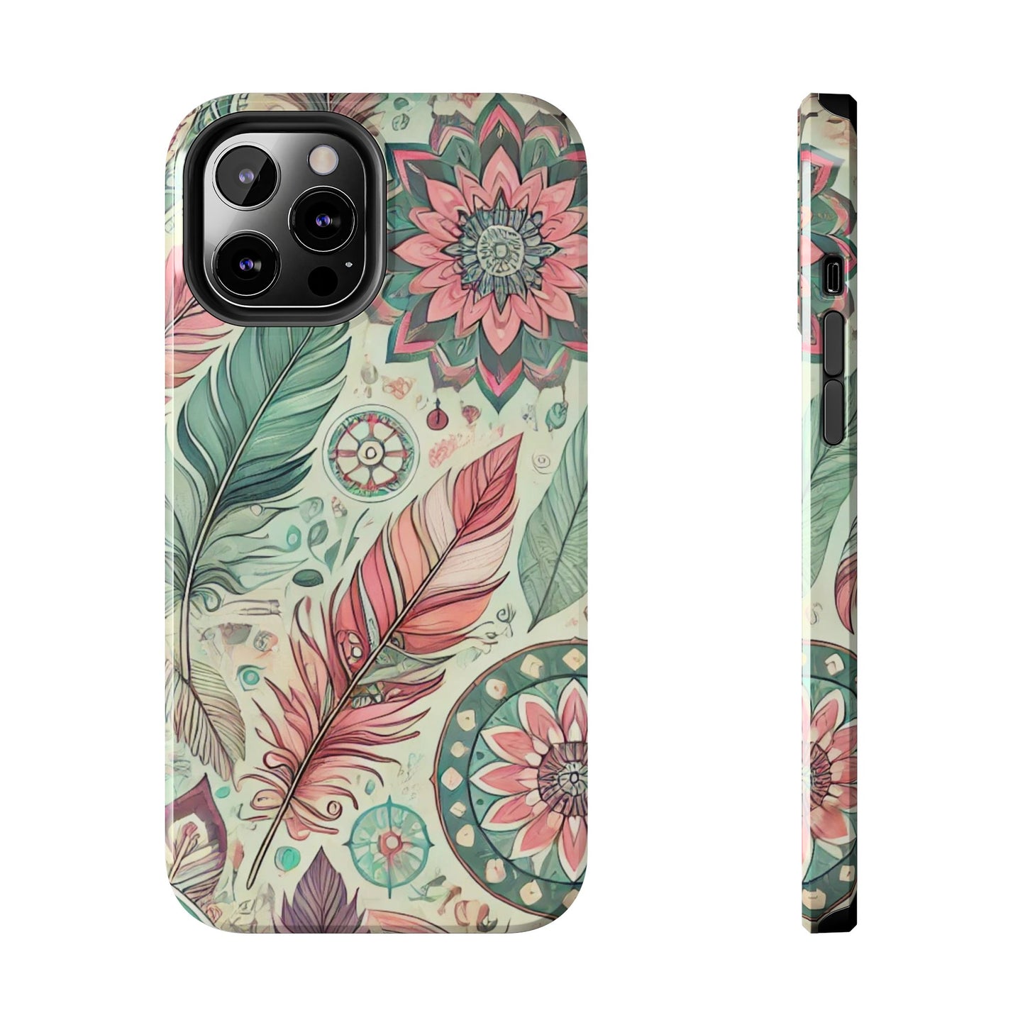 Boho Feather iPhone Case 🌿 | Mandala Pastel Design, Shockproof Protection for iPhone 16 to 12 Pro Max 📱