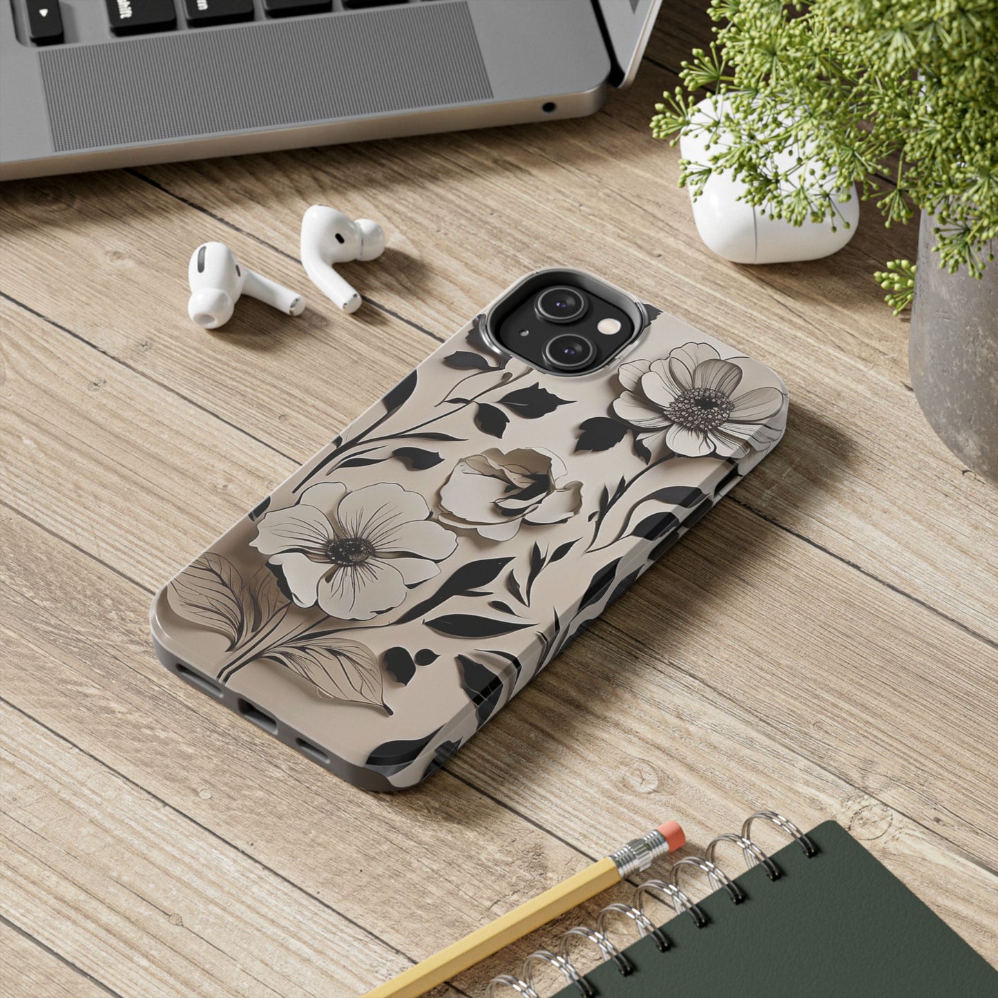 Black & White Floral iPhone Case 🖤 | Elegant Minimalist Design, Shockproof Protection for iPhone 16 to 12 Pro Max 📱