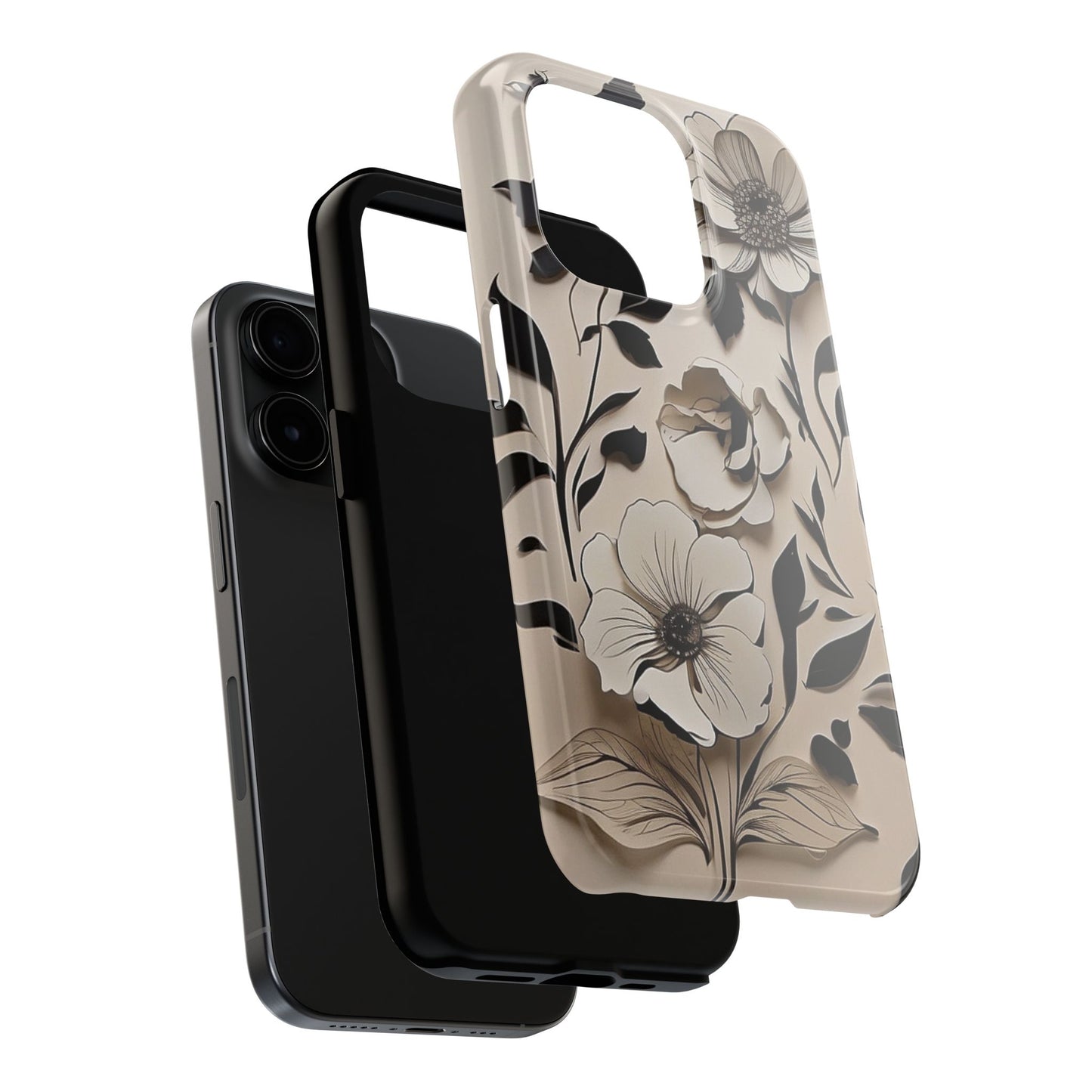 Black & White Floral iPhone Case 🖤 | Elegant Minimalist Design, Shockproof Protection for iPhone 16 to 12 Pro Max 📱