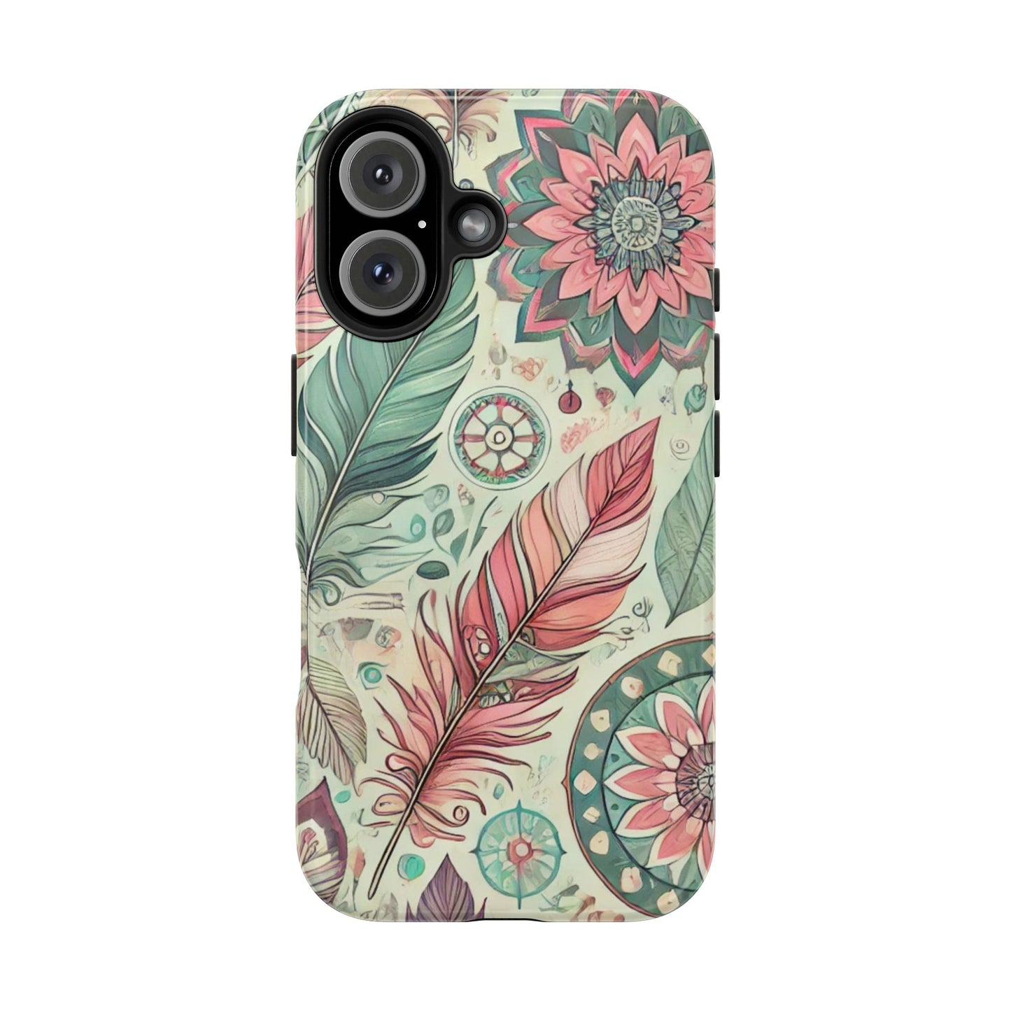 Boho Feather iPhone Case 🌿 | Mandala Pastel Design, Shockproof Protection for iPhone 16 to 12 Pro Max 📱