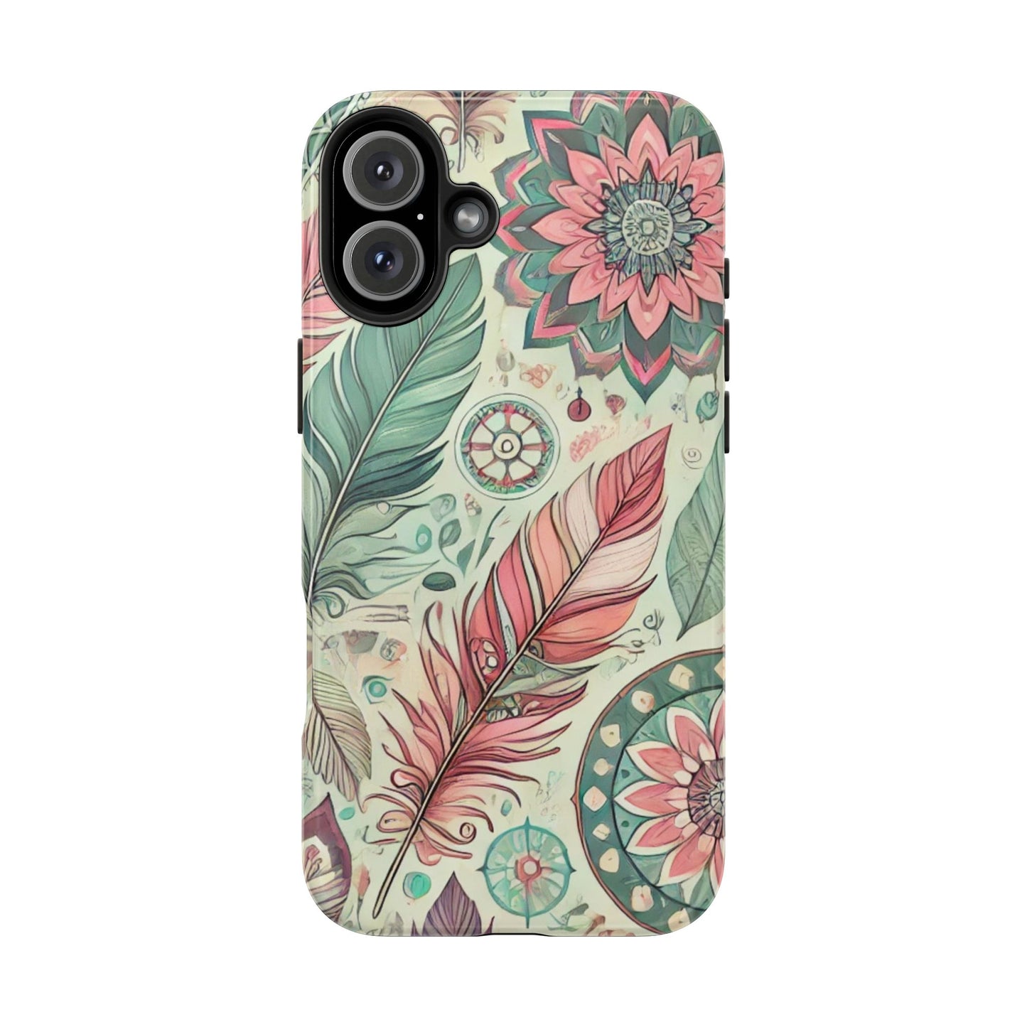 Boho Feather iPhone Case 🌿 | Mandala Pastel Design, Shockproof Protection for iPhone 16 to 12 Pro Max 📱