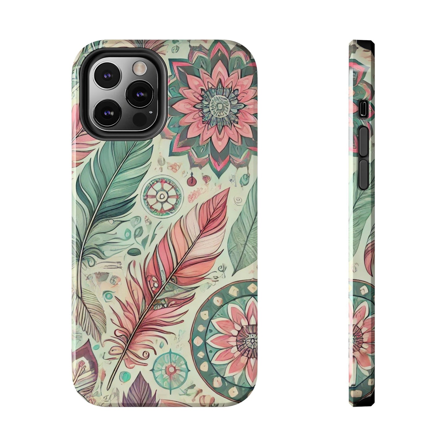 Boho Feather iPhone Case 🌿 | Mandala Pastel Design, Shockproof Protection for iPhone 16 to 12 Pro Max 📱