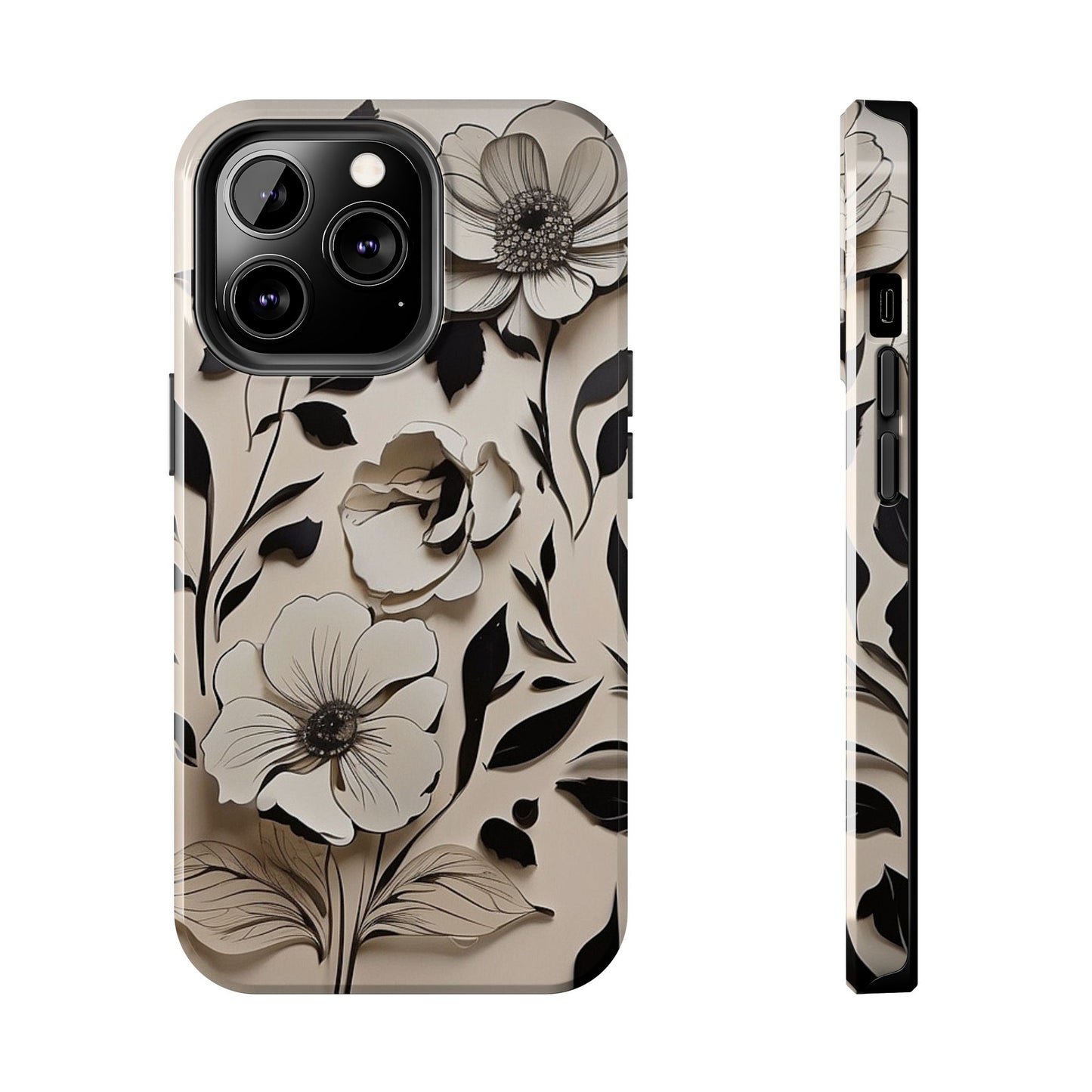 Black & White Floral iPhone Case 🖤 | Elegant Minimalist Design, Shockproof Protection for iPhone 16 to 12 Pro Max 📱